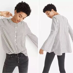 Madewell Neutral Stripe Flare Sleeve Henley Brighton Stripe Popover Blouse Med